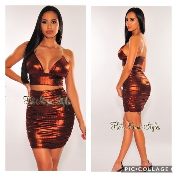 NWT HMS Bronze Metallic 2 Piece Top/Skirt Set - Picture 1 of 7